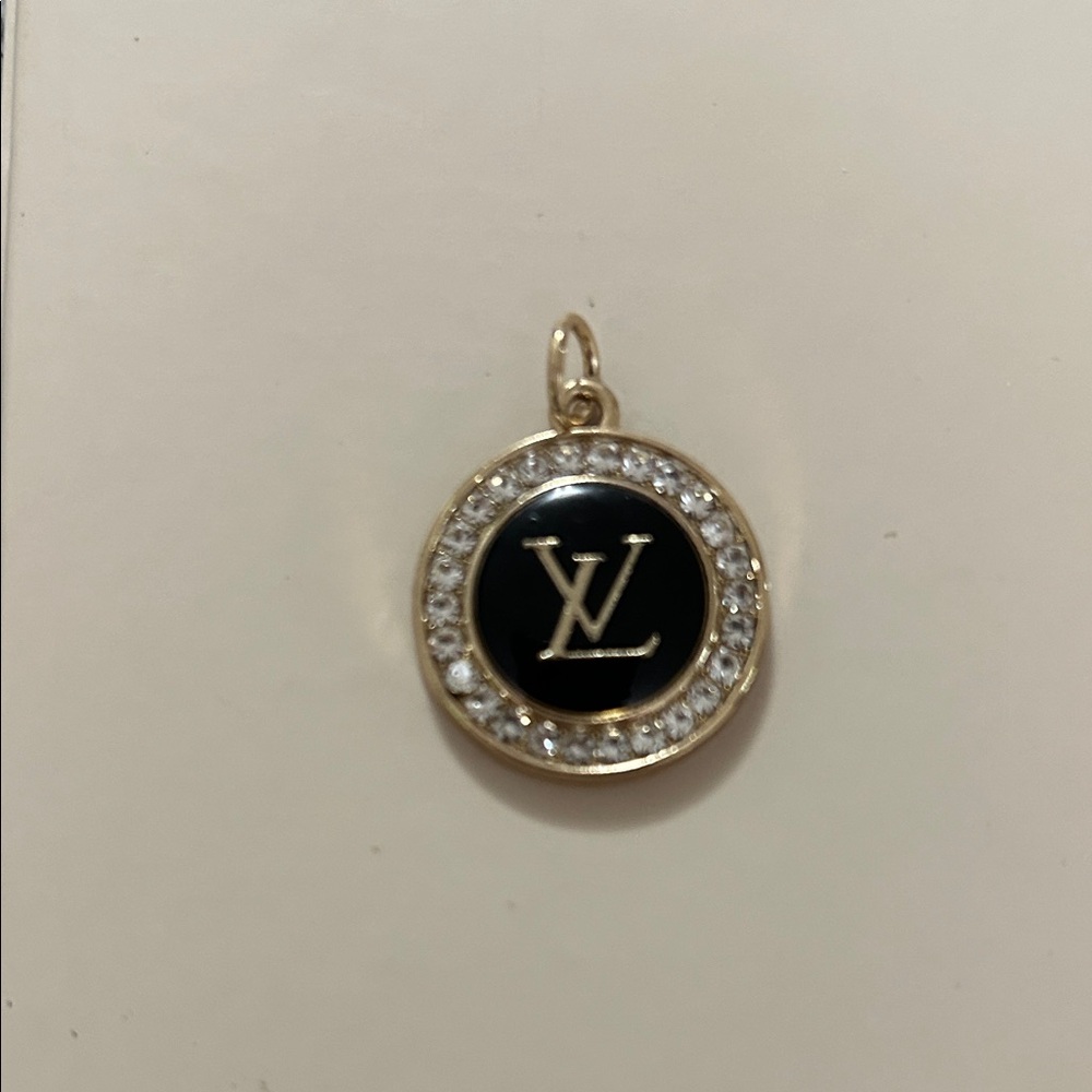 Gold-Tone Black Enamel Round Pendant with Crystal Halo